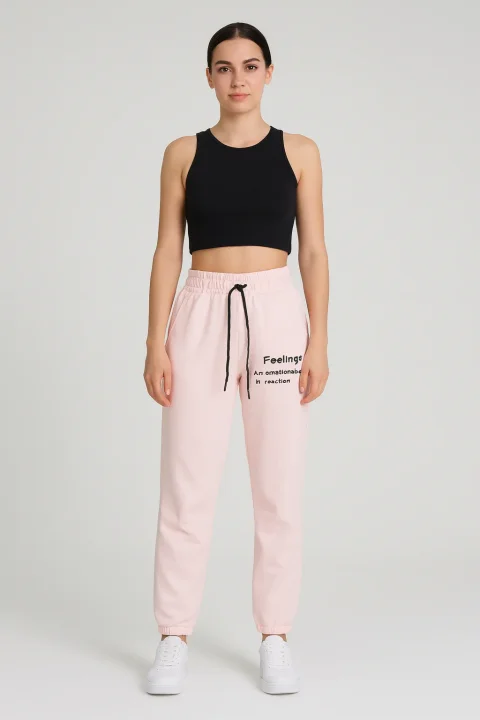Pantaloni de trening damă roz cu șiret și imprimeu "Feeling"