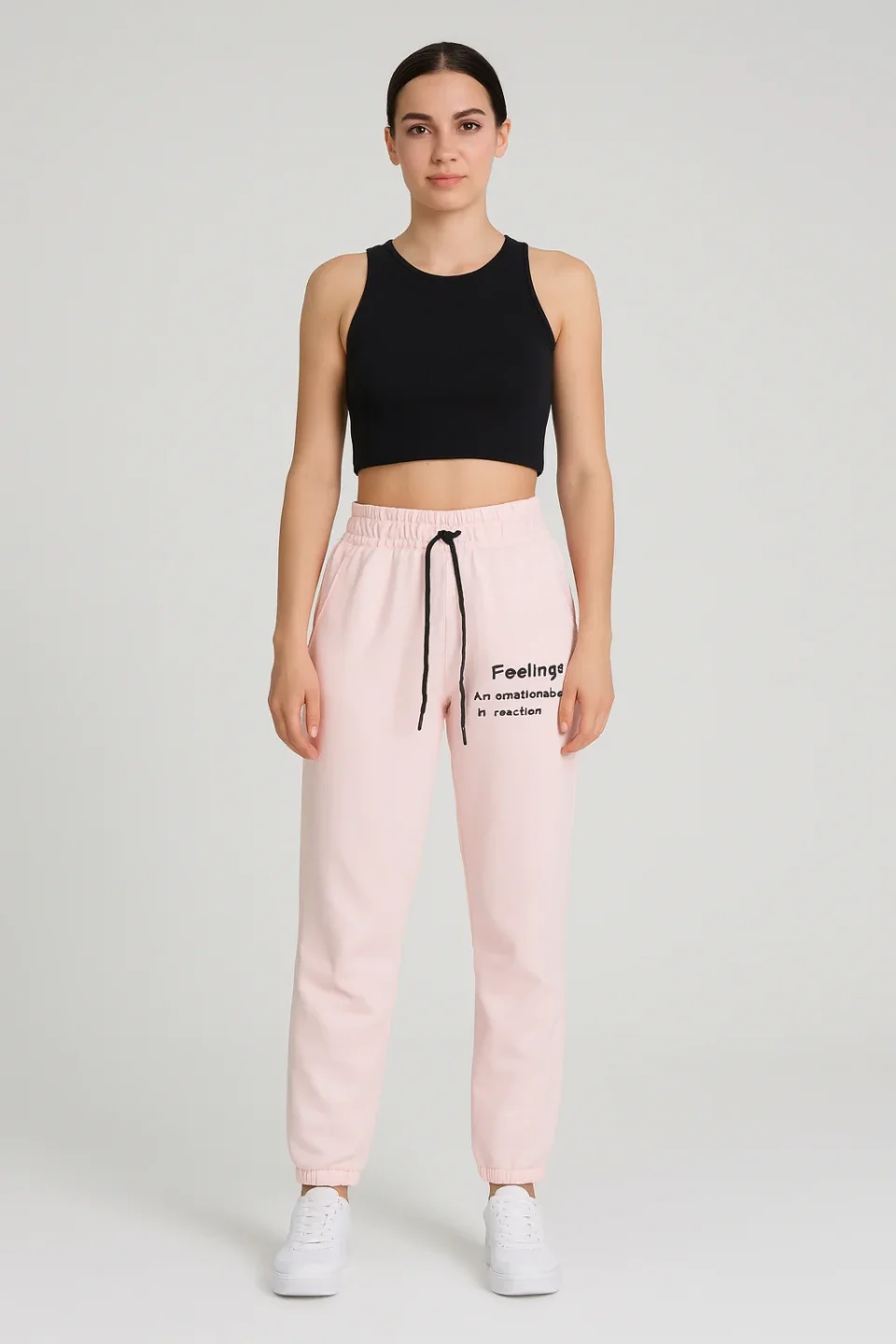 Pantaloni de trening damă roz cu șiret și imprimeu "Feeling"