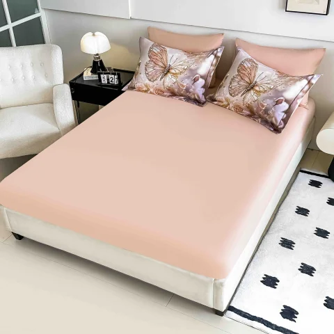 Lenjerie de pat o persoana, imprimeu digital 5D cu elastic 4 piese BEIGE cu fluturi — imagine 3