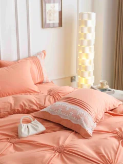 Lenjerie de Pat Dublu din Finet 6 pcs - Inimi Brodate PIERSICA 821