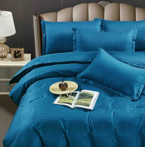 Lenjerie de pat cu ceraceaf normal,  Damasc 6 piese 100 % bumbac ALBASTRU M-21 — imagine 2