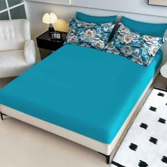 Lenjerie de pat o persoana, imprimeu digital 5D cu elastic 4 piese TURCOAZ cu flori