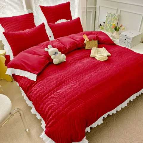 Lenjeri de pat creponata  din Bumbac Policoton ROSU CU ALB 4850 — imagine 1