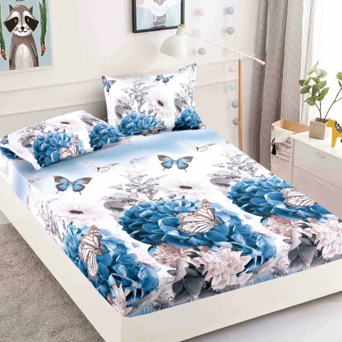 Husa de pat cu elastic pentru pat de 2 persoane ALB-ALBASTRU flori