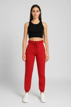 Pantaloni de trening damă rosii cu dungi albe și șiret reglabil