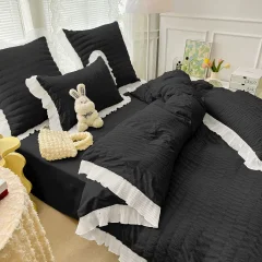 Lenjeri de pat creponata  din Bumbac Policoton NEGRU CU ALB 4951