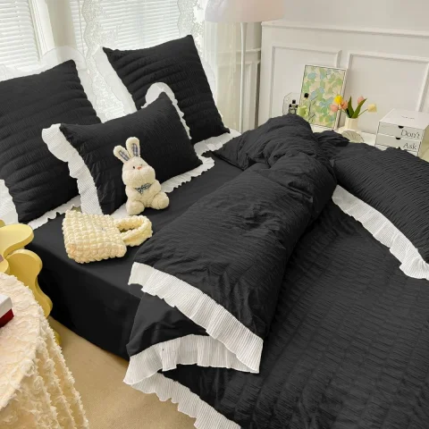 Lenjeri de pat creponata  din Bumbac Policoton NEGRU CU ALB 4951 — imagine 2