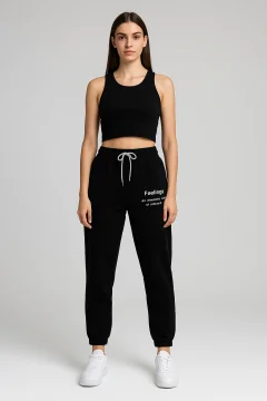 Pantaloni de trening damă negri cu șiret și imprimeu "Feeling"