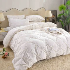 Lenjerie de pat din catifea cu pliuri, 4 piese, pentru pat dublu, culoare ALB