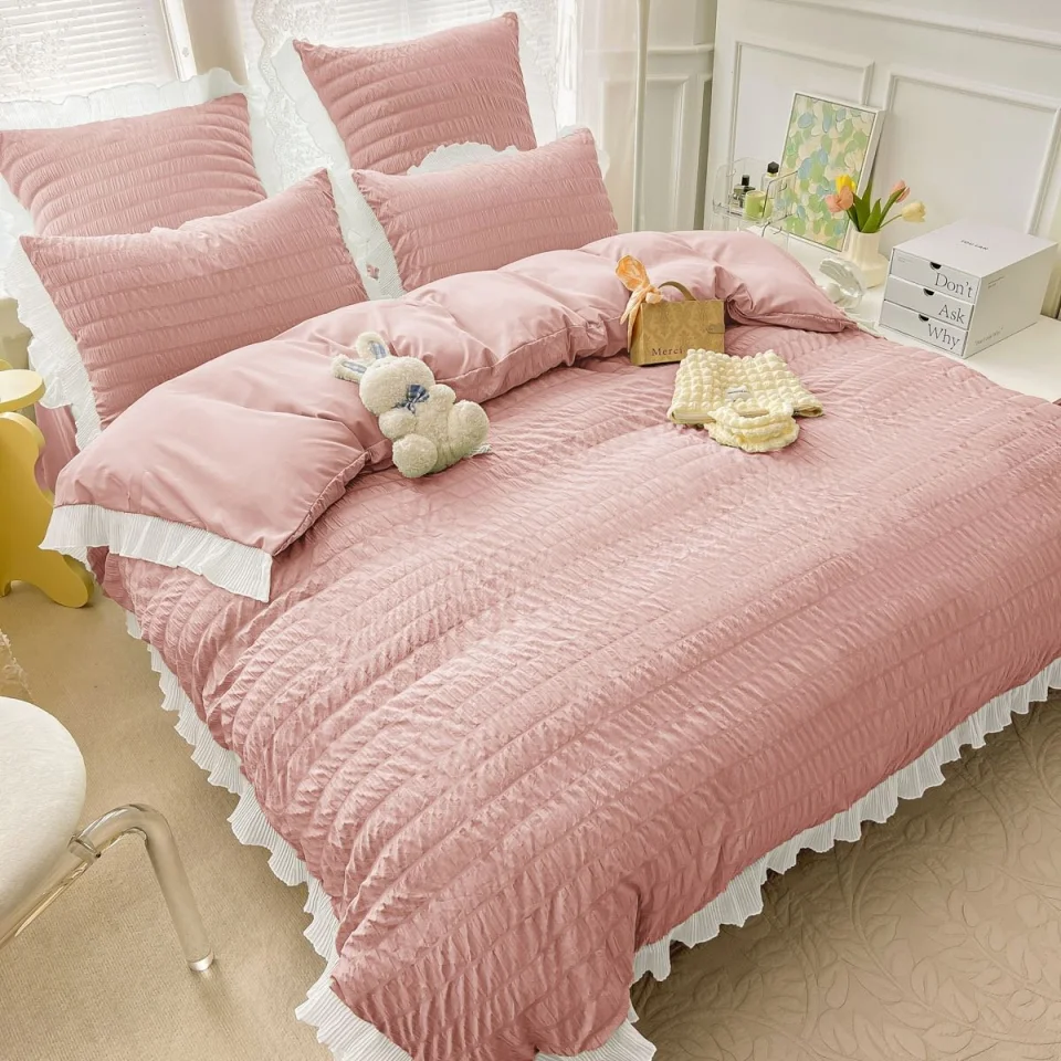 Lenjeri de pat creponata  din Bumbac Policoton ROZ CU ALB-4881