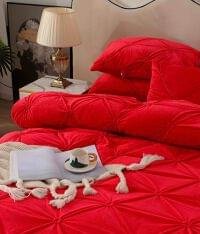 Lenjerie de pat din catifea cu pliuri, 4 piese, pentru pat dublu, culoare ROSU — imagine 3