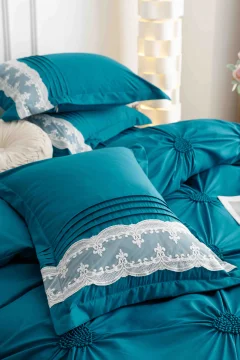 Lenjerie de Pat Dublu din Finet 6 pcs - Inimi Brodate ALBASTRU 805