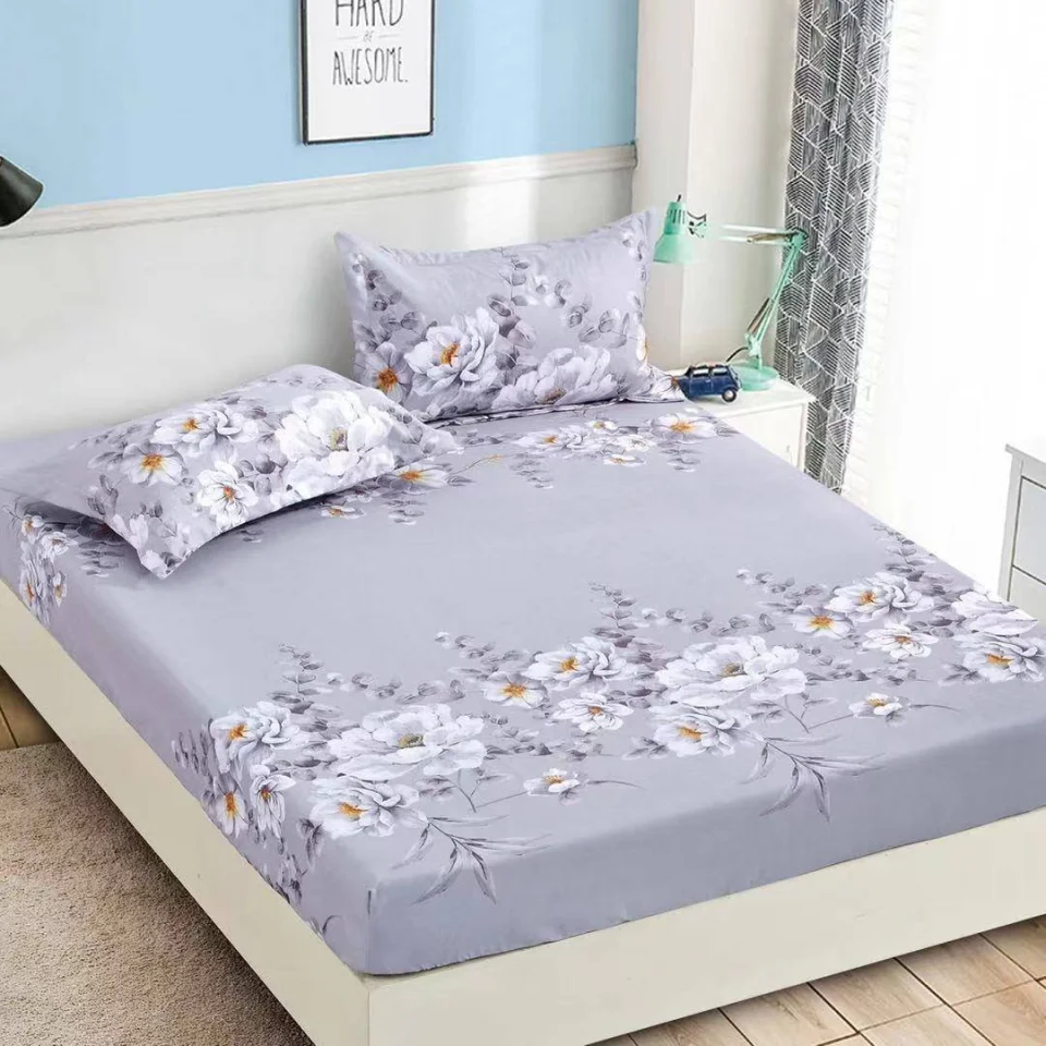 Husa de pat cu elastic pentru pat de 2 persoane LILA FLORI