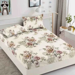 Husa de pat cu elastic pentru pat de 2 persoane CREM cu FLORI H-30