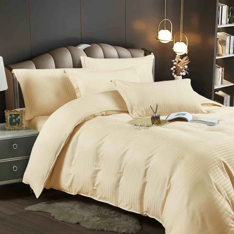 Lenjerie de pat cu ceraceaf normal,  Damasc 6 piese 100 % bumbac ECRU M-14 — imagine 2