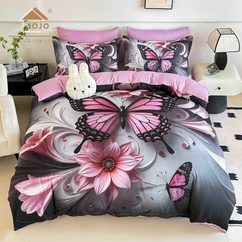 Lenjerie de pat imprimeu digital 5D cu elastic 6 piese – ROZ  cu fluture