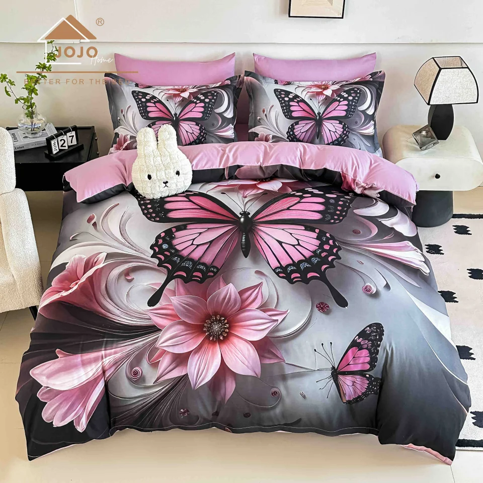 Lenjerie de pat imprimeu digital 5D cu elastic 6 piese – ROZ  cu fluture