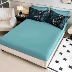 Lenjerie de pat o persoana, imprimeu digital 5D cu elastic 4 pieseTURCOAZ si BLUMARIN