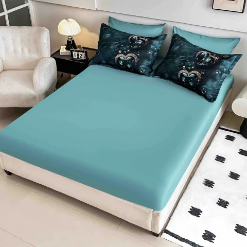 Lenjerie de pat o persoana, imprimeu digital 5D cu elastic 4 pieseTURCOAZ si BLUMARIN — imagine 2