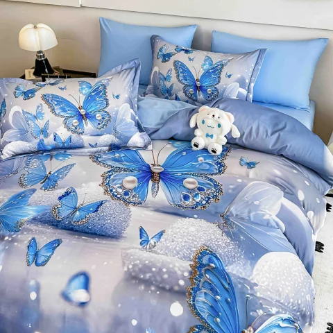 Lenjerie de pat o persoana, imprimeu digital 5D cu elastic 4 piese  BLUE H-07 — imagine 3