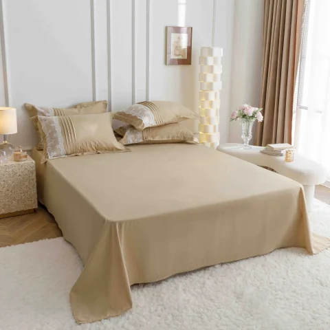 Lenjerie de Pat Dublu din Finet 6 pcs - Inimi Brodate BEIGE