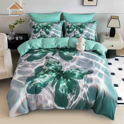 Lenjerie de pat o persoana, imprimeu digital 5D cu elastic 4 piese TURCOAZ cu fluture — imagine 1