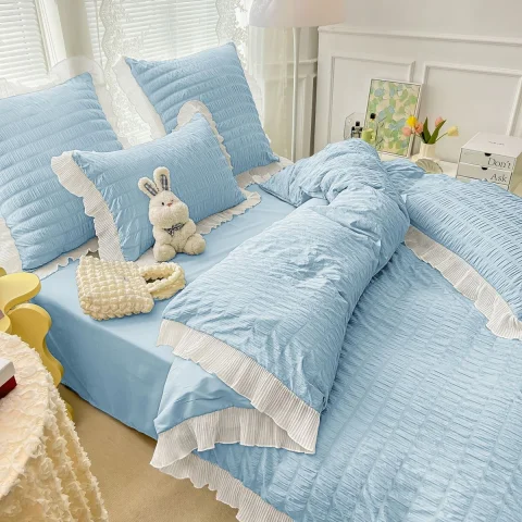Lenjeri de pat creponata  din Bumbac Policoton BLUE CU ALB 4960 — imagine 2