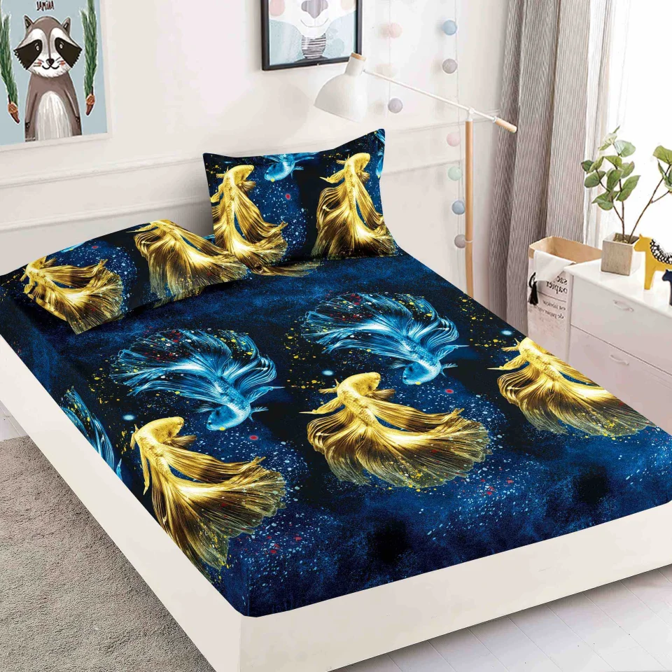 Husa de pat cu elastic pentru pat de 2 persoane BLUMARIN cu pesti