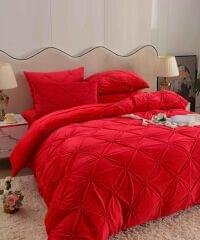 Lenjerie de pat din catifea cu pliuri, 4 piese, pentru pat dublu, culoare ROSU — imagine 2