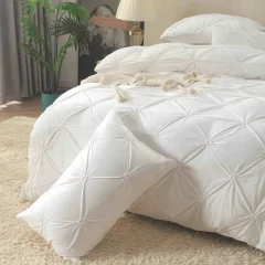 Lenjerie de pat din catifea cu pliuri, 4 piese, pentru pat dublu, culoare ALB