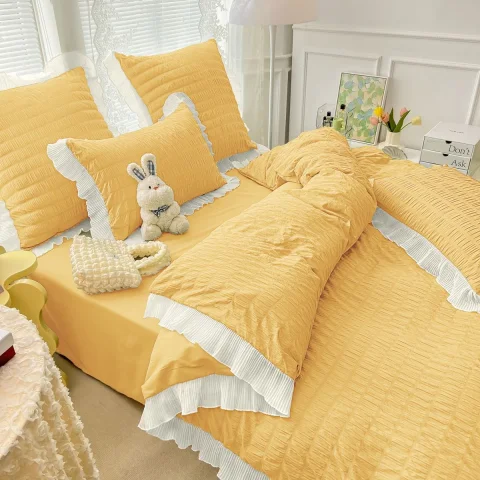 Lenjeri de pat creponata  din Bumbac Policoton GALBEN CU ALB 4981 — imagine 2