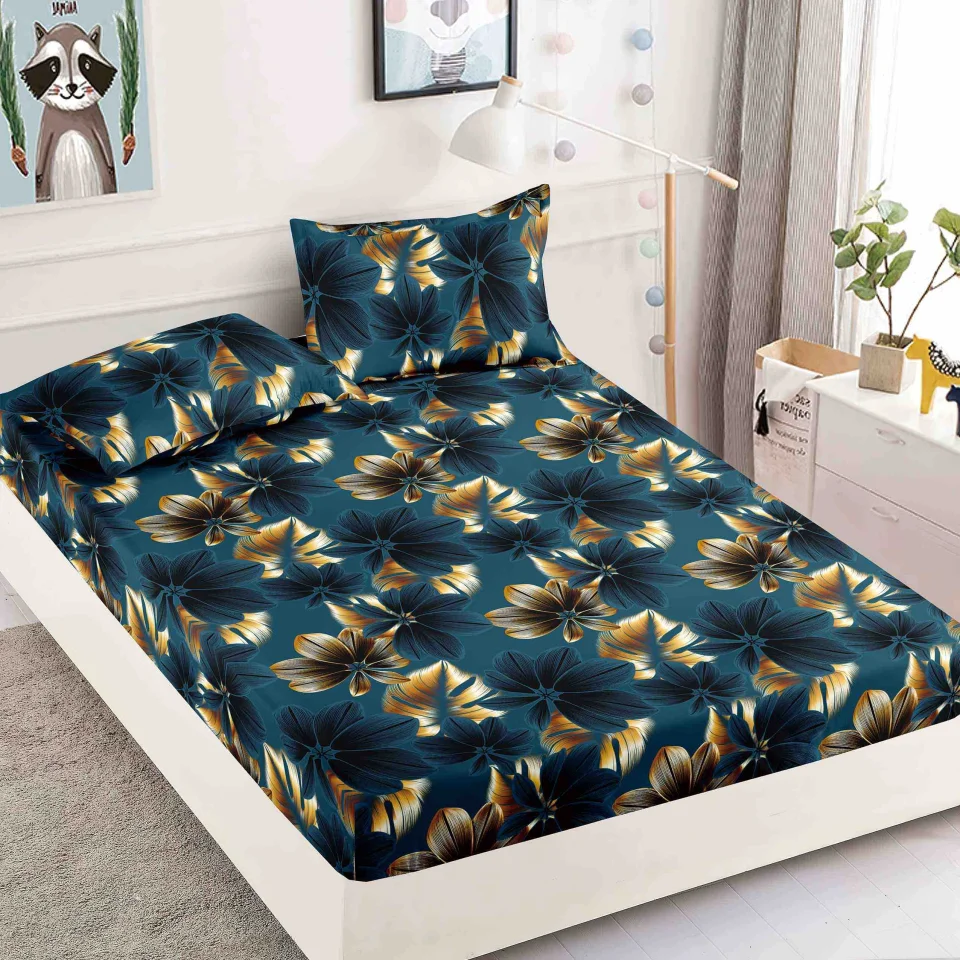 Husa de pat cu elastic pentru pat de 2 persoane BLUMARIN cu frunze