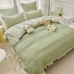 Lenjeri de pat creponata  din Bumbac Policoton VERDE CU ALB-4882
