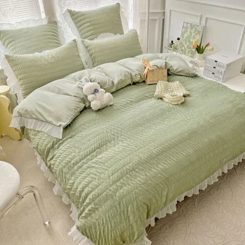 Lenjeri de pat creponata  din Bumbac Policoton VERDE CU ALB-4882 — imagine 1