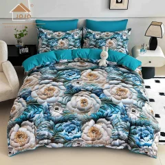 Lenjerie de pat o persoana, imprimeu digital 5D cu elastic 4 piese TURCOAZ cu flori