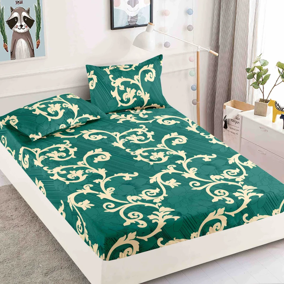 Husa de pat cu elastic pentru pat de 2 persoane VERDE-BEIGE