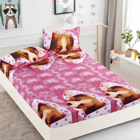 Husa de pat cu elastic pentru pat de 2 persoane ROZ cu catel