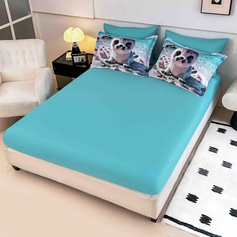 Lenjerie de pat o persoana, imprimeu digital 5D cu elastic 4 piese BLUE H-03 — imagine 2