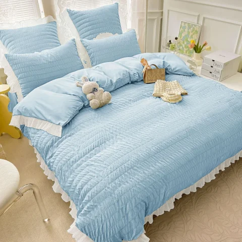 Lenjeri de pat creponata  din Bumbac Policoton BLUE CU ALB 4960 — imagine 1