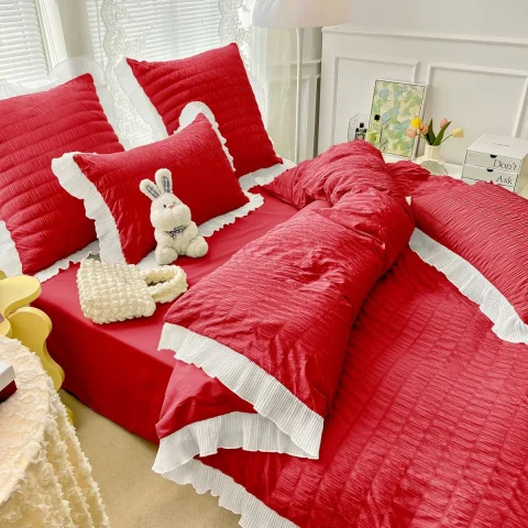 Lenjeri de pat creponata  din Bumbac Policoton ROSU CU ALB 4850 — imagine 2