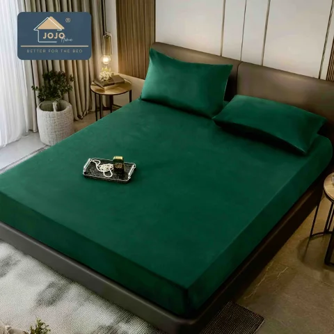 Husa de pat din catifea cu elastic pentru pat de 2 persoane  VERDE-016
