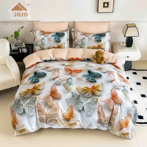 Lenjerie de pat o persoana, imprimeu digital 5D cu elastic 4 piese BEIGE H-101 — imagine 1