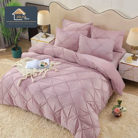 Lenjerie de pat din catifea cu pliuri, 4 piese, pentru pat dublu, culoare LILA — imagine 3