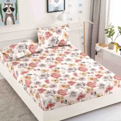 Husa de pat cu elastic pentru pat de 2 persoane ALB cu FLORI