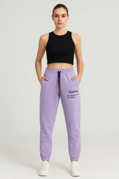 Pantaloni de trening damă lila cu șiret și imprimeu "Feeling"