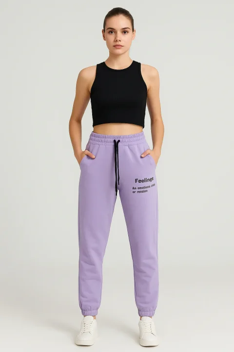 Pantaloni de trening damă lila cu șiret și imprimeu "Feeling"