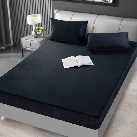 Husa de pat din catifea cu elastic pentru pat de 2 persoane NEGRU-019