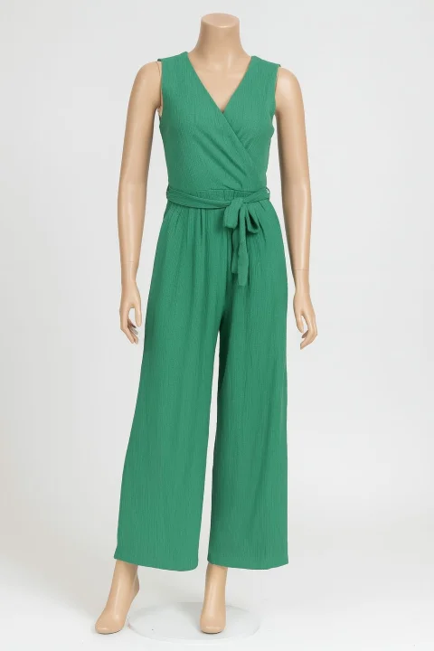 Salopetă damă creponată,  maiou si pantaloni lungi evazați, verde