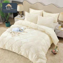 Lenjerie de pat din catifea cu pliuri, 4 piese, pentru pat dublu, culoare CREM