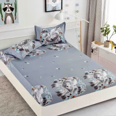 Husa de pat cu elastic pentru pat de 2 persoane GRI CU LUPI